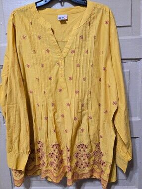 American Sweetheart Yellow Gold Embroidered Pink Floral V-Neck Blouse